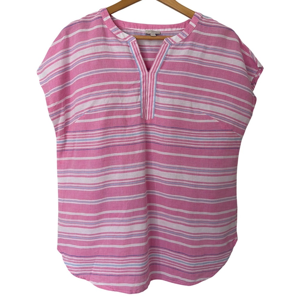 Talbots Womens‎ Small Pink White Striped Linen Blend V-Neck Short Sleeve Blouse